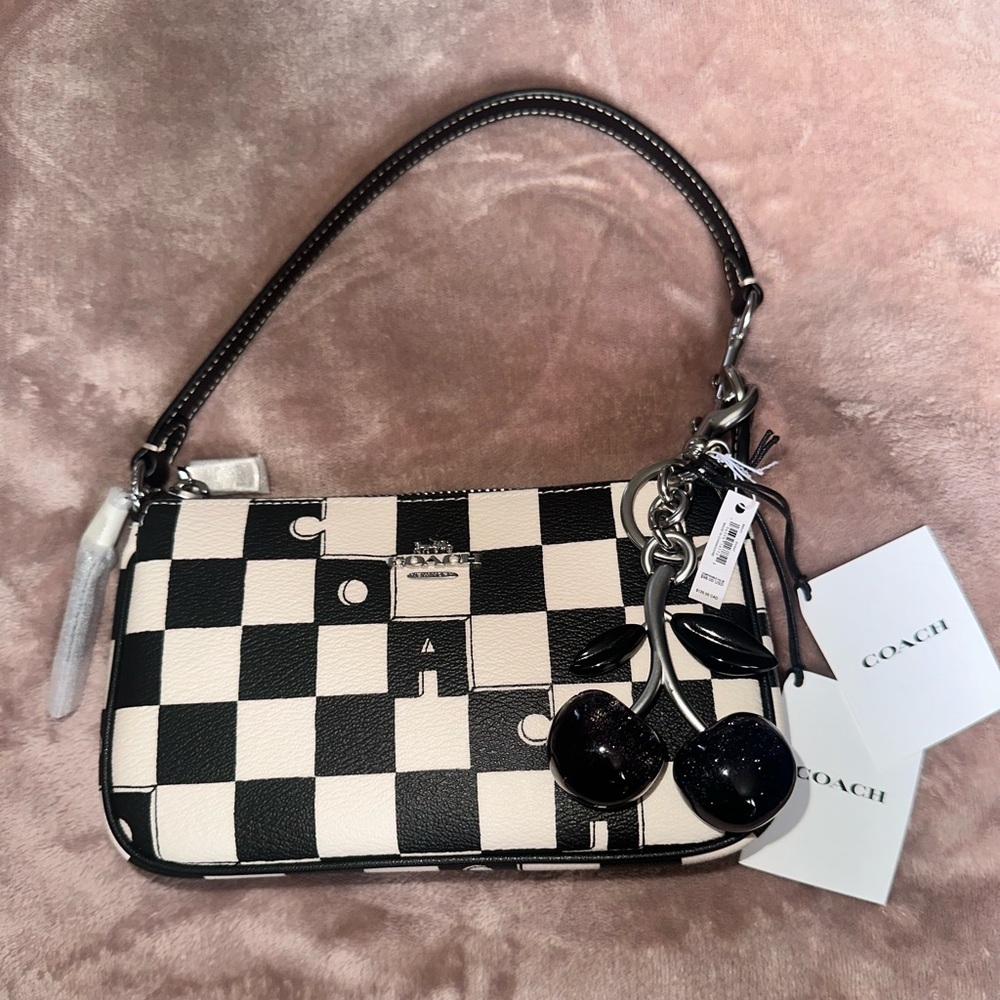 NWT Black checkered print Nolita with black cherry charm